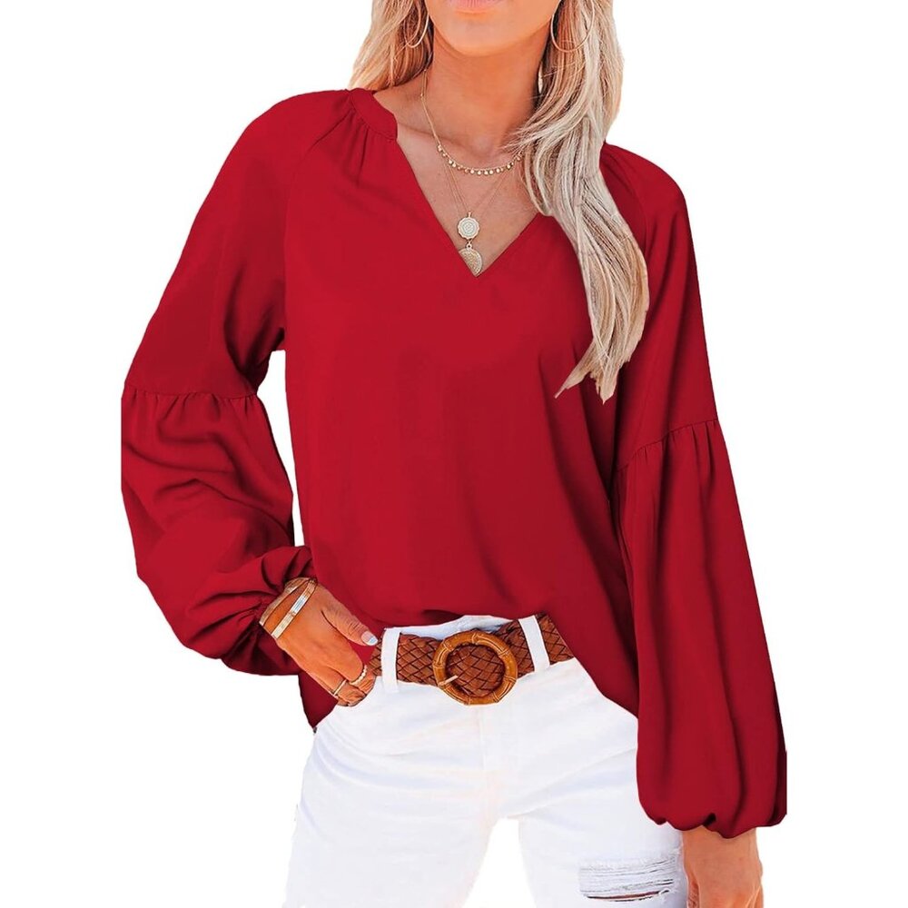 〽️Women's Solid Red Long Sleeve V Neck Stretch Lightweight Summer Blouse Top